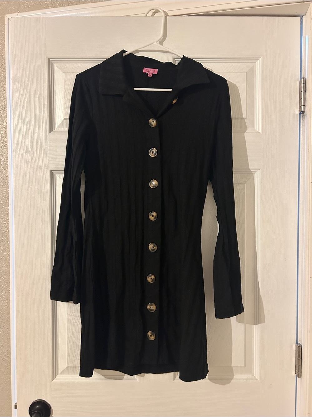 Black Button-Front Long Sleeve Dress